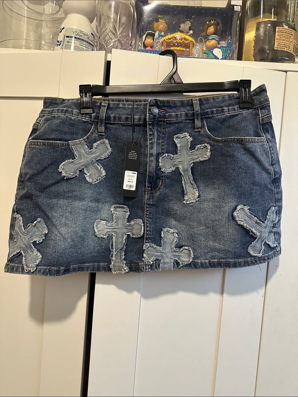 CROSS YOUR MIND Denim Mini Skirt with Distressed Cross Appliqués NWT!